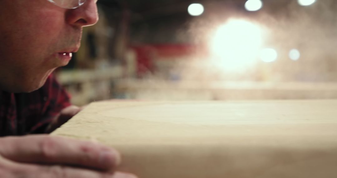 Carpenter Blowing Sawdust off Wooden Surface in Workshop - Free Images, Stock Photos and Pictures on Pikwizard.com