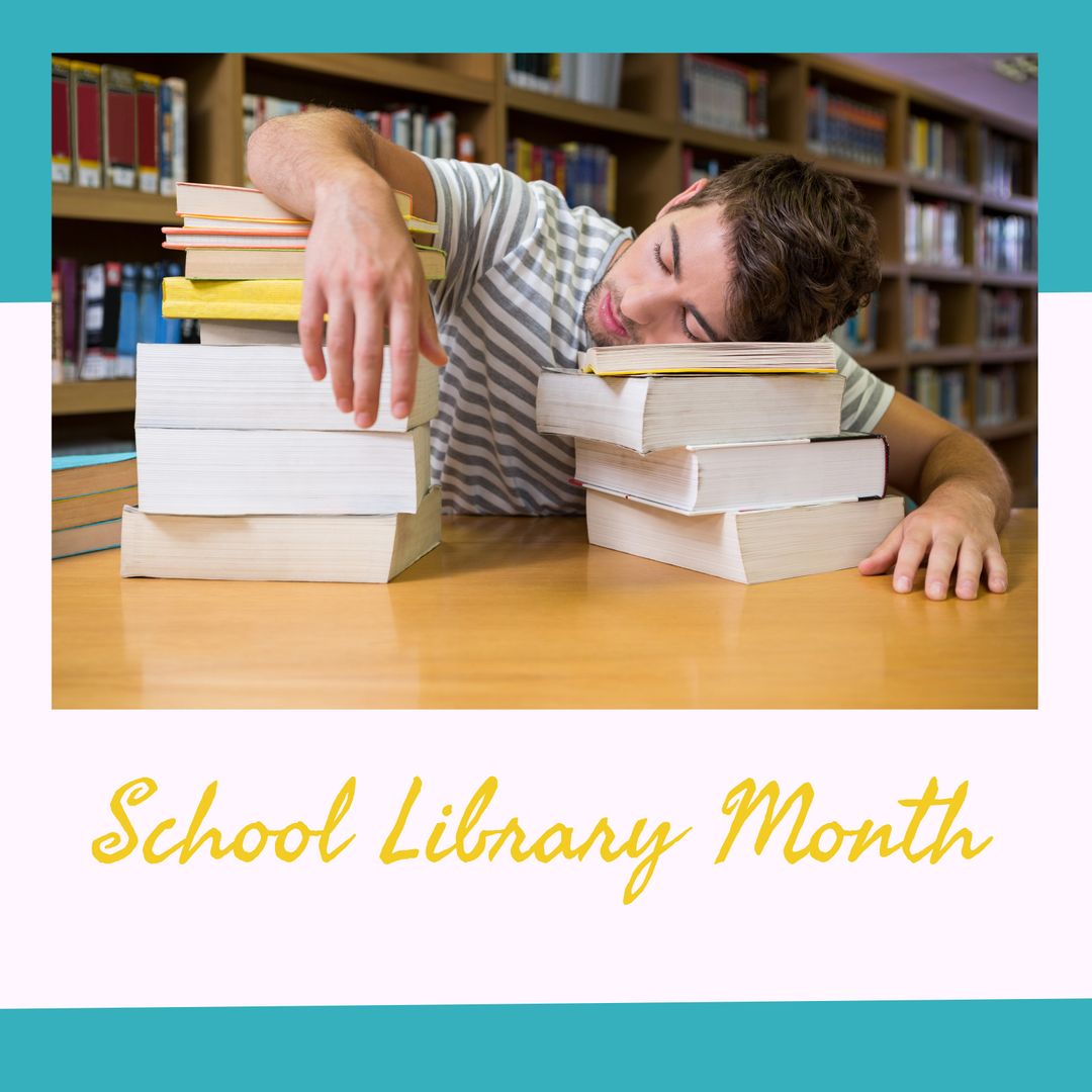 Exhausted Student Sleeping on Books in School Library