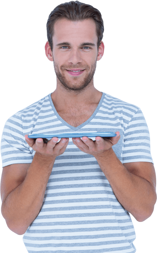 Happy Man Displaying Transparent Tablet Smiling Confidently