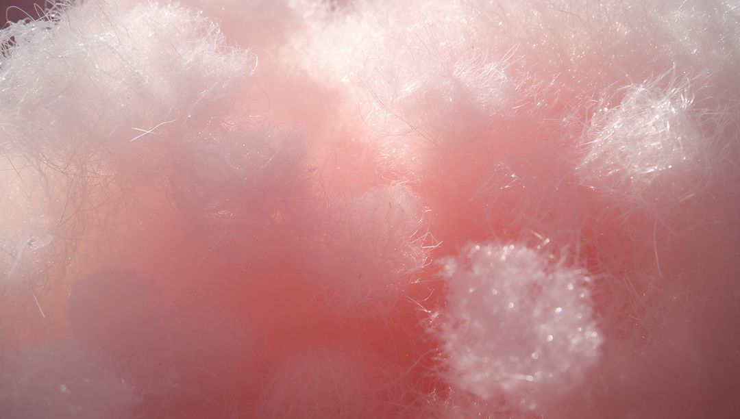 Pink cotton candy macro glowing with sparkling sugar crystals and delicate filaments