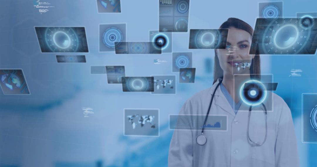 Doctor Interacting with Virtual Data Screens in Futuristic Hospital