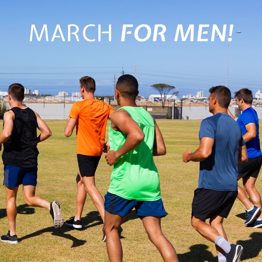 Digital composite image of biracial male competitors running on sunny day with march for men text - Download Free Stock Templates Pikwizard.com