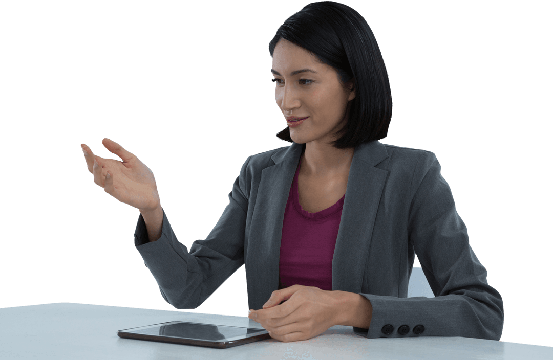Transparent Background: Businesswoman Gesturing with Tablet at Desk