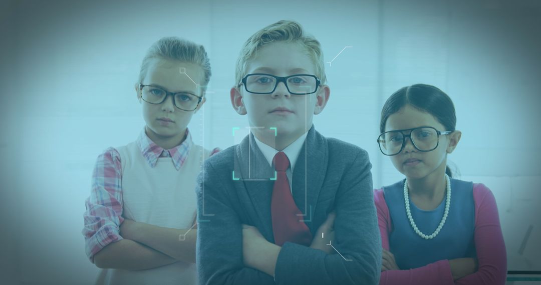 Tech-Savvy Schoolchildren with Digital Interface Background