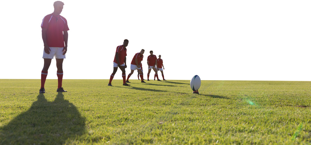 Transparent Background: Diverse male rugby players aligned on sunny field - Download Free Stock Images Pikwizard.com