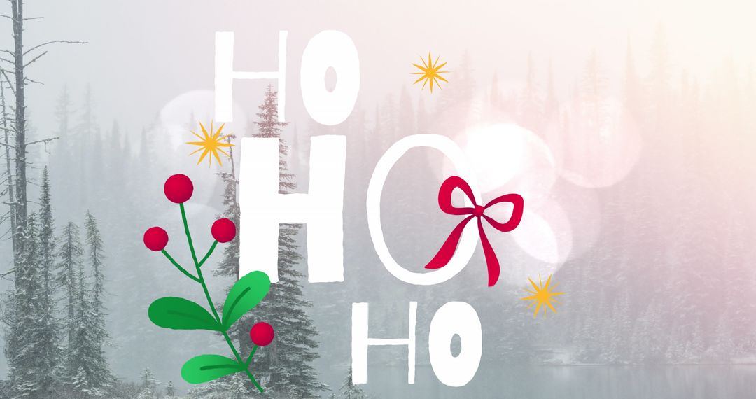 Festive HO HO HO Overlay on Misty Pine Forest Background