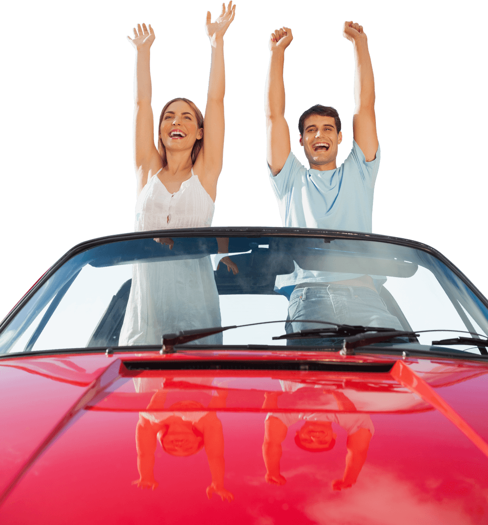Transparent Laughing Couple Celebrating Inside Red Convertible Car