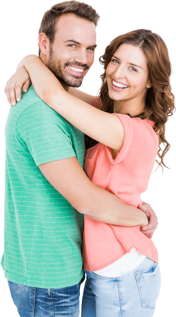 Transparent Embracing Young Couple Smiling Cheerfully
