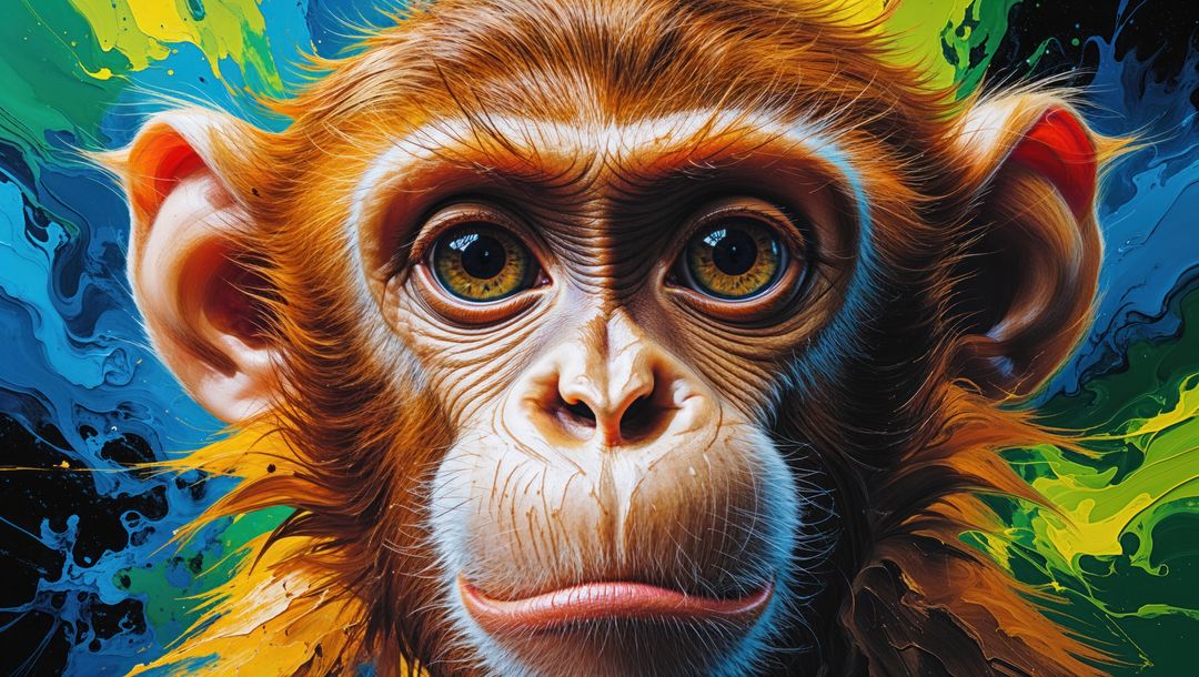 Vibrant hyperrealistic portrait of monkey with crazy abstract paint splashes