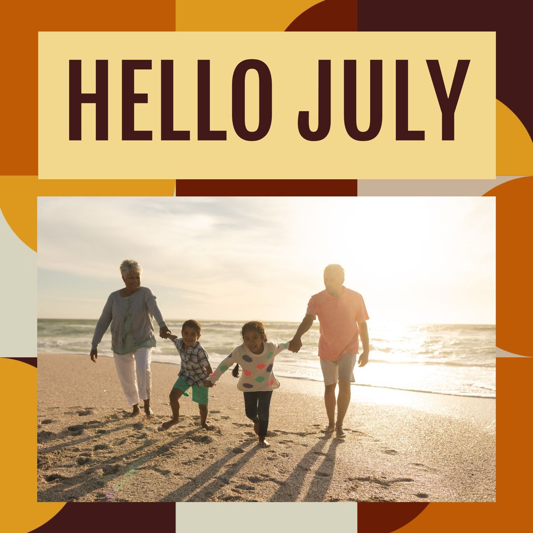 Biracial Grandparents with Grandchildren Walking on Beach with Hello July Text - Download Free Stock Templates Pikwizard.com