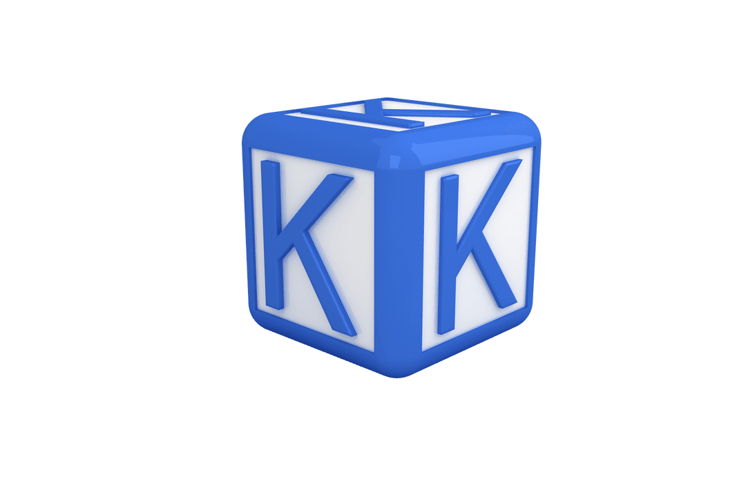 3D Blue Letter K on Cube Block Transparent Background