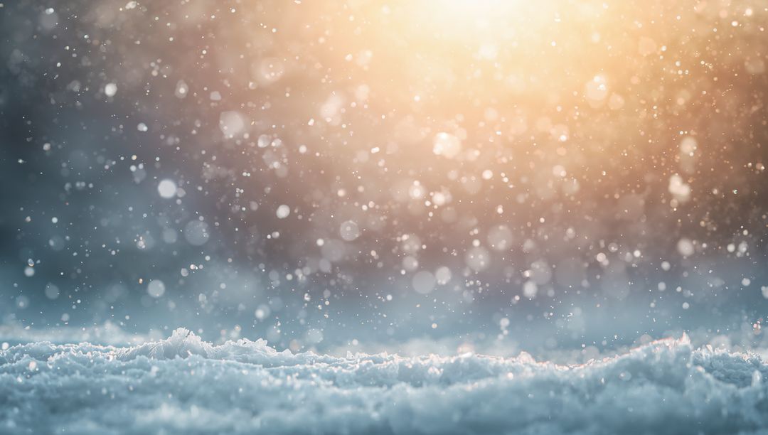 Golden Backlit Snowfall Over Sparkling Frosted Ground with Bokeh Light Winter Landscape