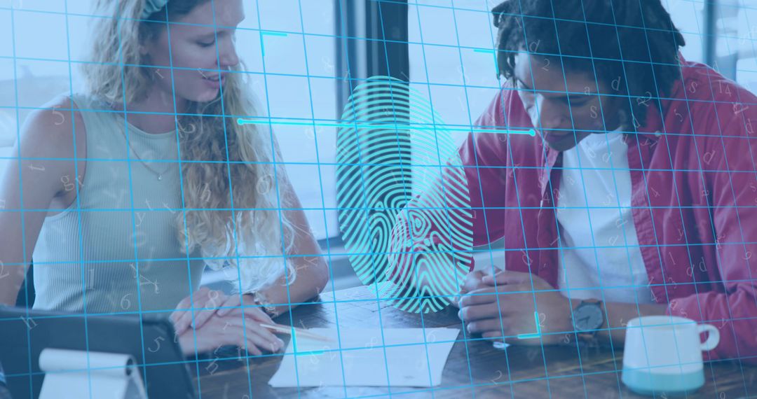 Colleagues Reviewing Biometric Forms with Holographic Fingerprint Overlay in Sunlit Office