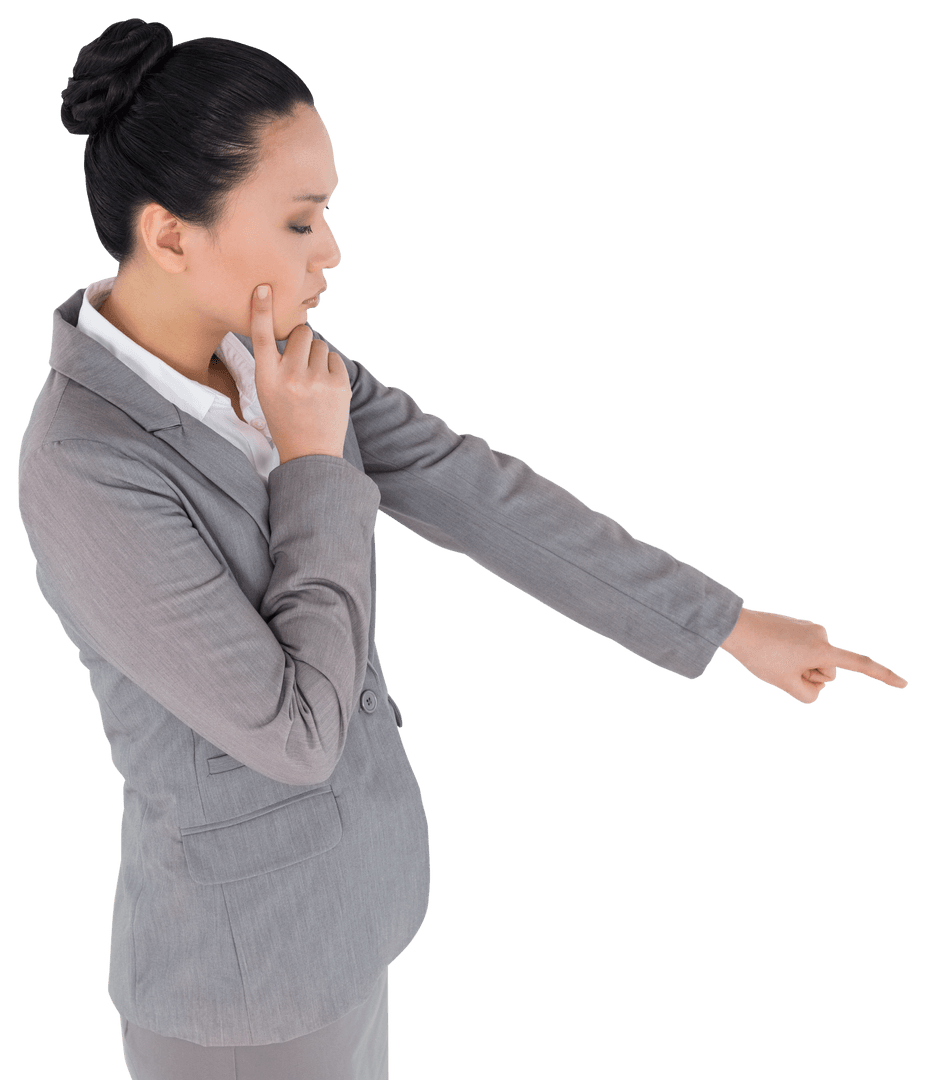 Thoughtful Business Woman Pointing on Transparent Background