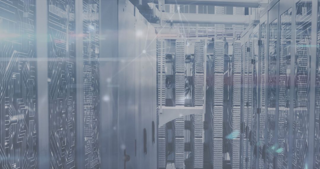 Futuristic Data Center with Digital Connections and Technology Overlay