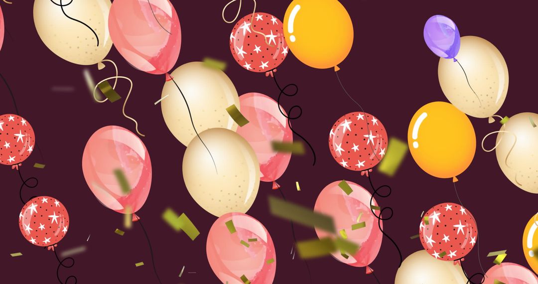 Colorful Balloons and Falling Confetti on Dark Background