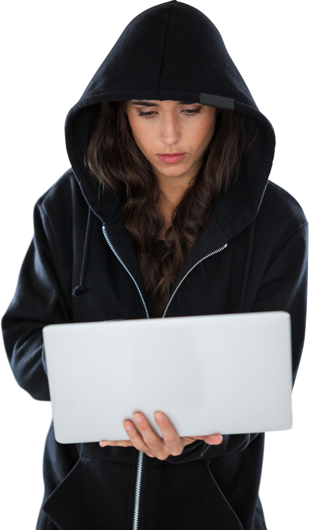 Transparent focused female hacker in black hoodie using laptop - Download Free Stock Images Pikwizard.com