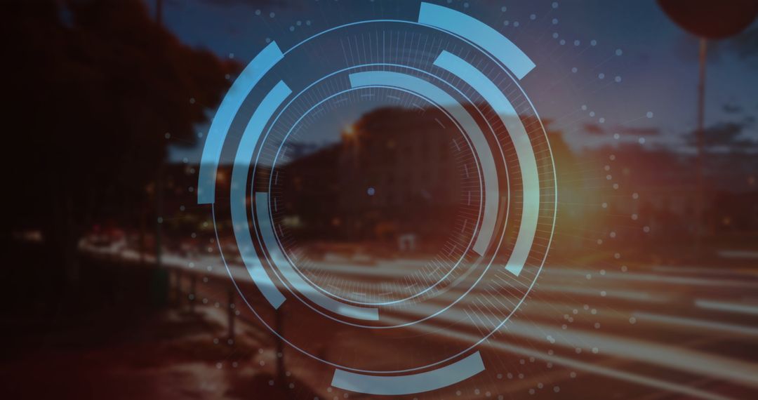 Digital Interface with HUD Elements on Blurred Cityscape