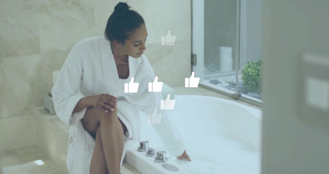 Woman in White Bathrobe Adjusting Tub Faucet Creating Relaxing Atmosphere