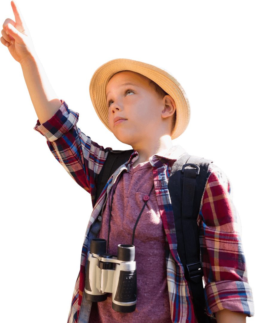 Kid Adventurer With Backpack Pointing Upward Transparent Background