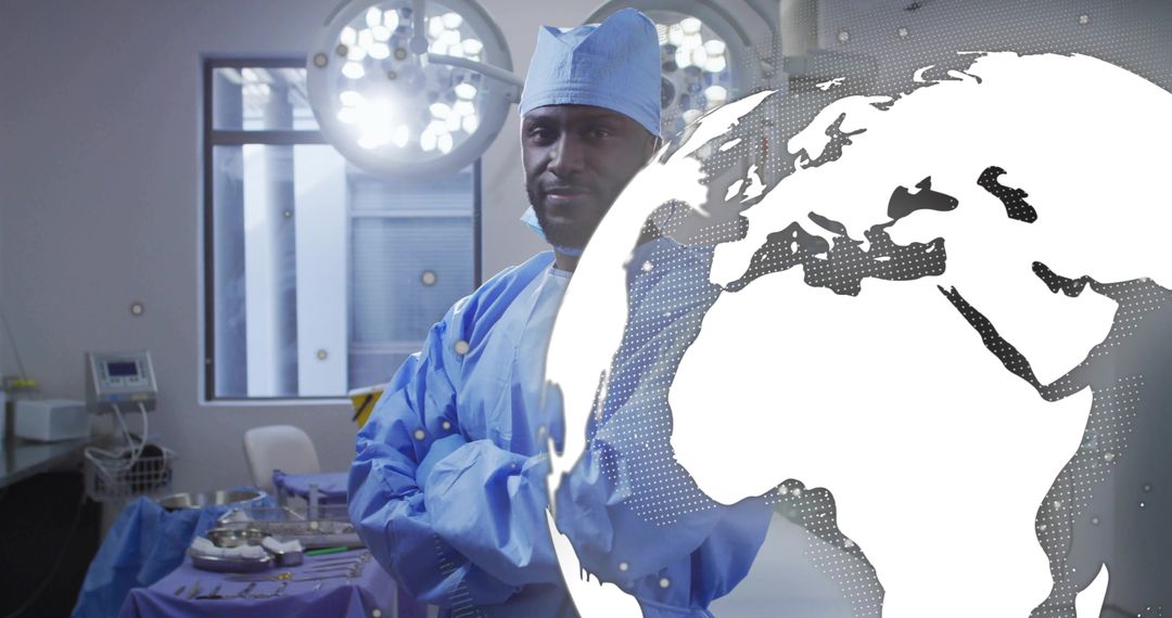Surgeon in blue scrubs crossing arms in operating room with digital globe overlay