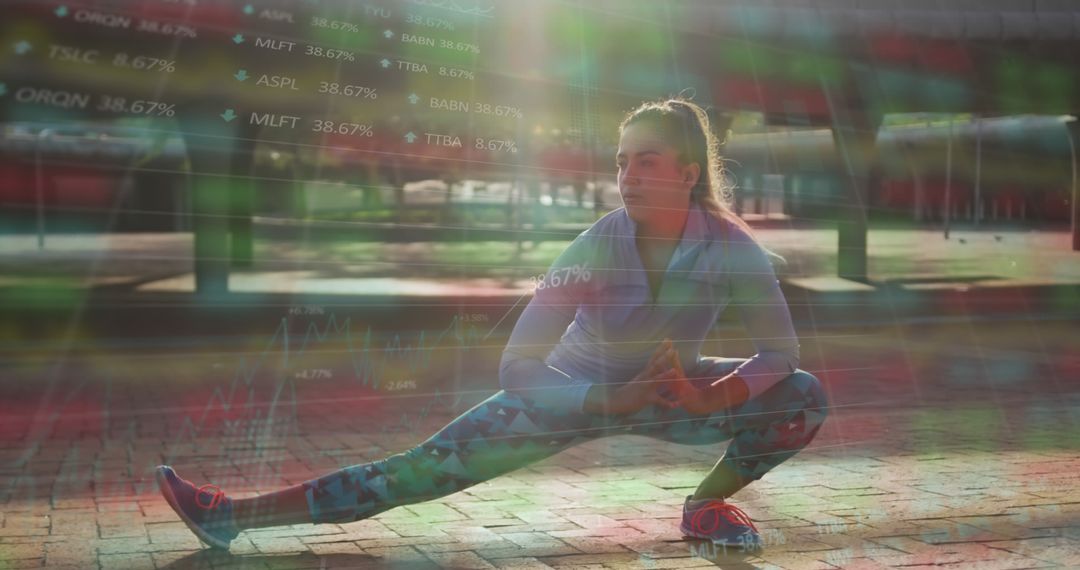 Young Woman Stretching Outdoors with Financial Data Overlay - Free Images, Stock Photos and Pictures on Pikwizard.com