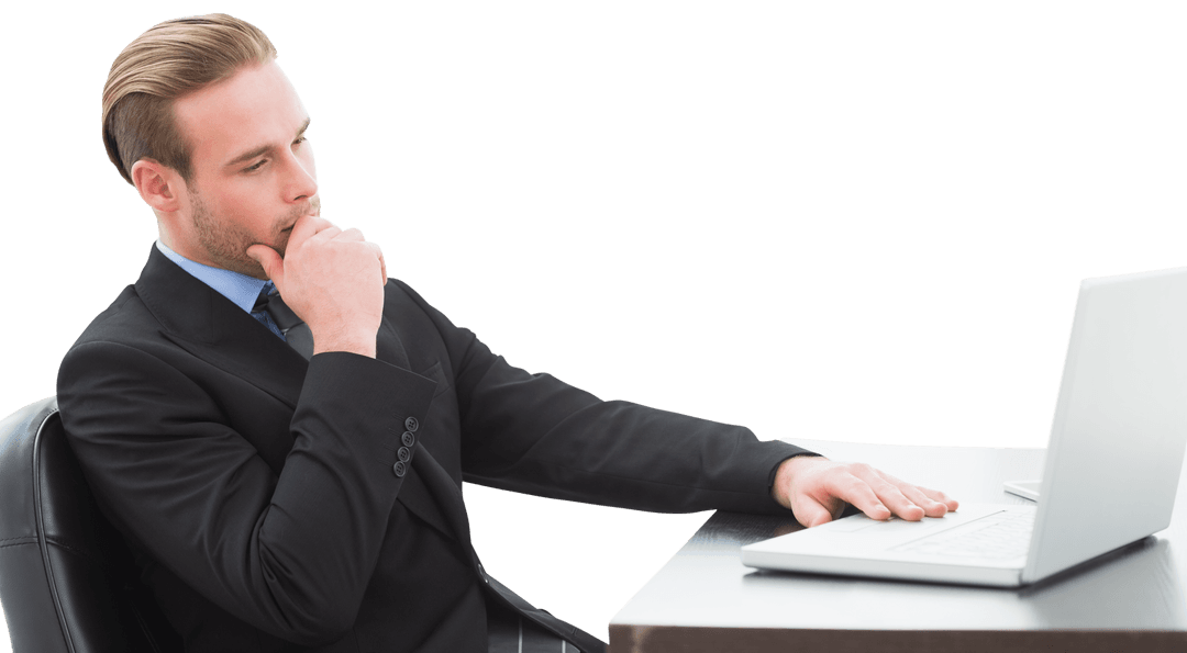 Transparent Businessman Pondering at Desk with Laptop