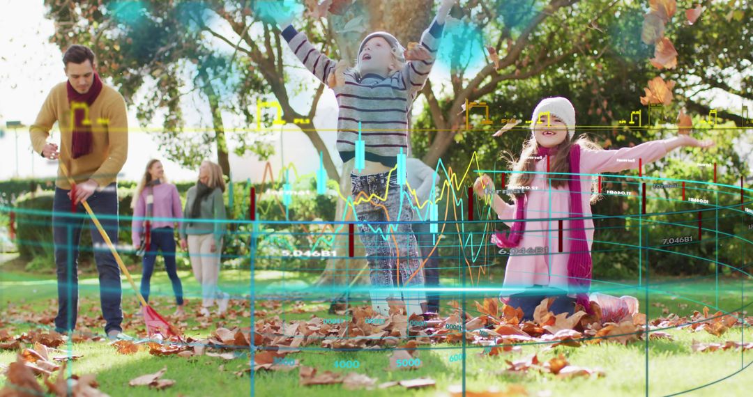Multigenerational family playing in autumn leaves with augmented reality data overlay