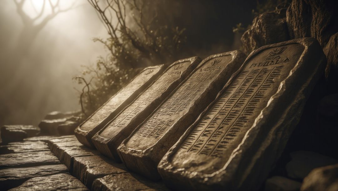 Ancient inscribed tablets in misty forest clearing, ten commandments concept