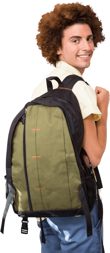 Smiling Young Man Wearing Large Backpack on Transparent Background