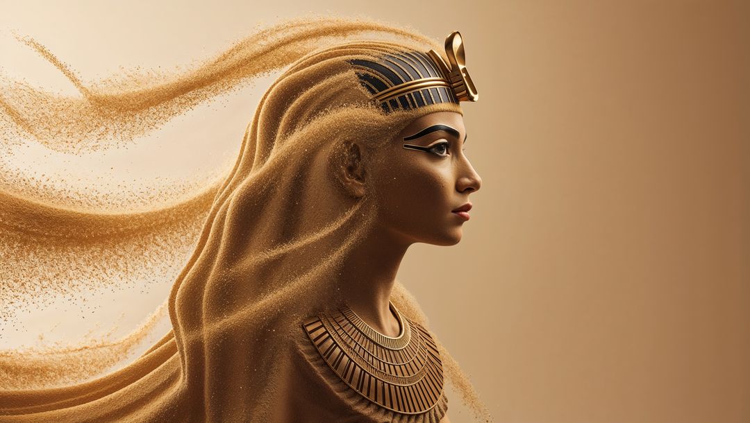 Ancient egyptian regal cleopatra symbolism with sand and nemes