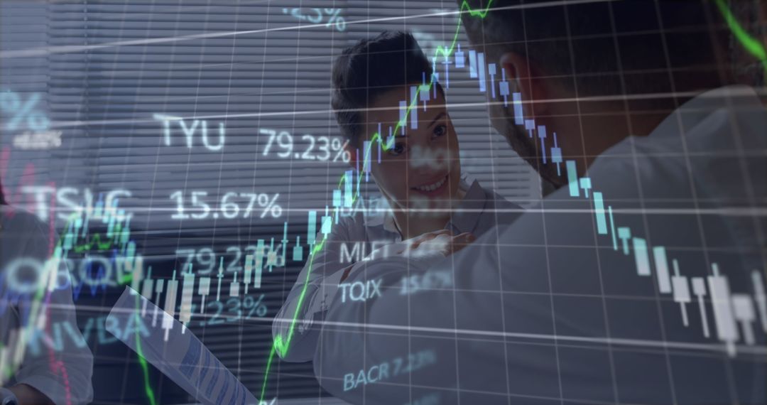 Executives Discussing with Digital Financial Stock Market Overlay