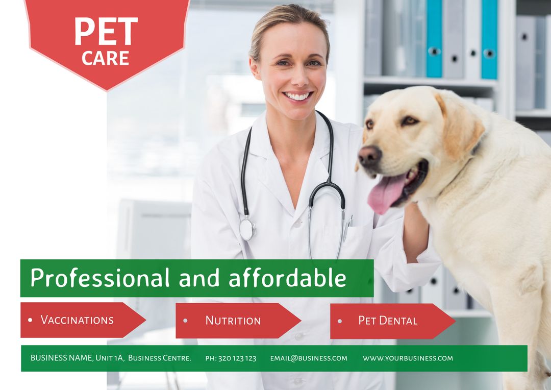 Smiling Veterinarian with Labrador Promoting Professional Pet Care Services - Download Free Stock Templates Pikwizard.com