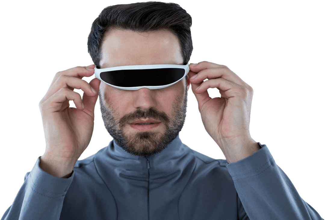 Man Experimenting with Futuristic Virtual Reality Glasses Transparent Background