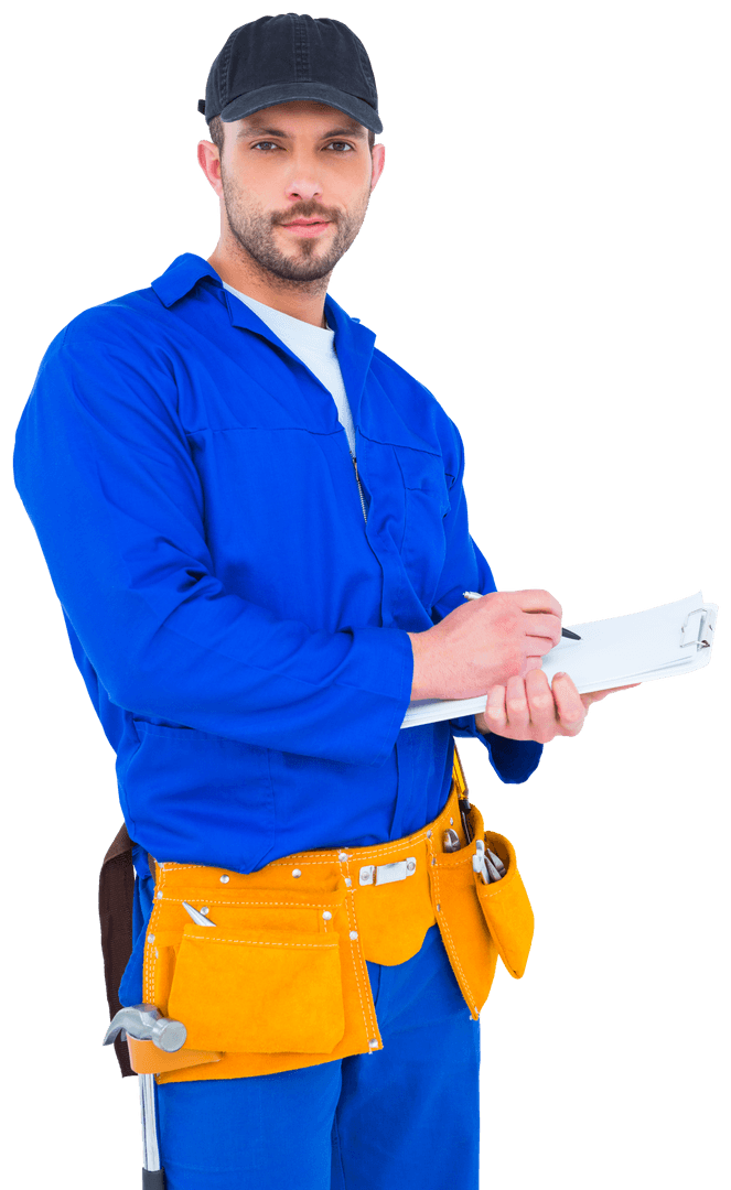 Transparent Handyman Writing on Clipboard in Blue Overall