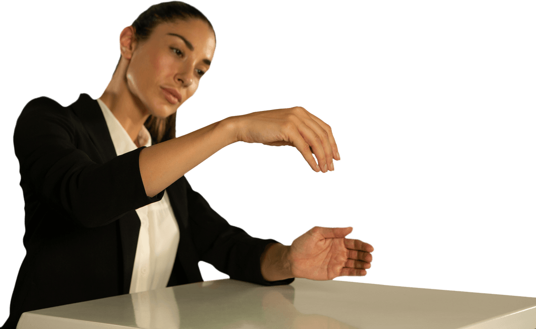 Transparent Woman Gesturing Over Table with Empty Hand