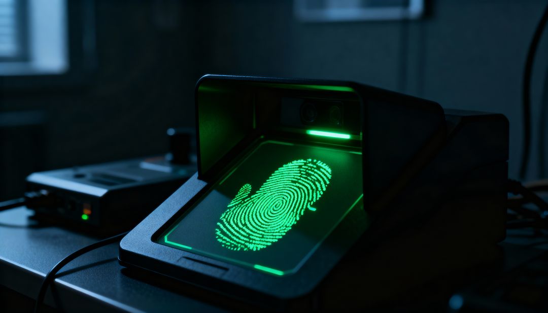 Neon-Green Fingerprint Scanner Projecting Biometric Pattern on Desktop Security Terminal