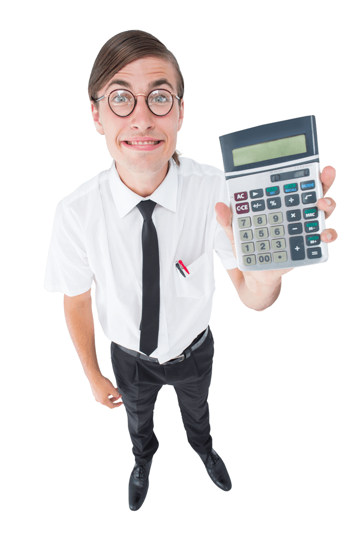 Transparent Geeky Businessman Enthusiastically Presenting Calculator - Download Free Stock Images Pikwizard.com