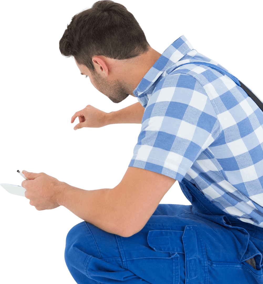 Transparent Handyman in Blue Overalls Holding Clipboard