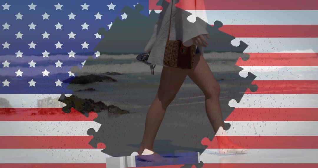 Patriotic Puzzle: USA Flag with Walking Person Silhouette
