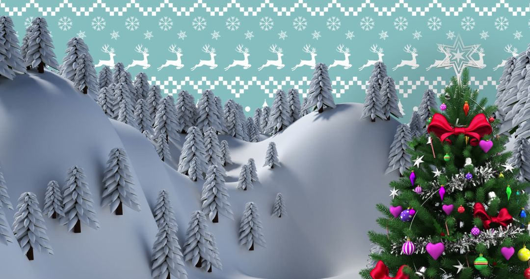 Festive Winter Landscape with Snowy Pines and Decorated Christmas Tree