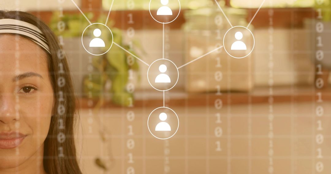 Woman looking through digital network overlay with binary data visualization and connectivity