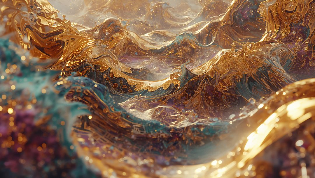 Abstract Metallic Waves in Dynamic Gold and Teal Surreal Landscape