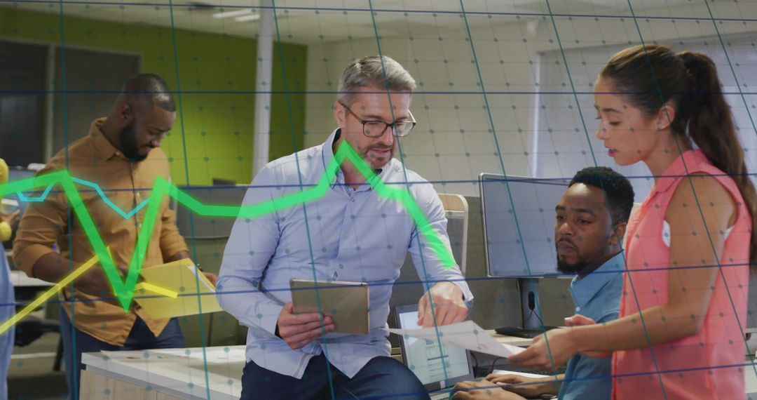 Diverse Team Analyzing Global Financial Data in Office