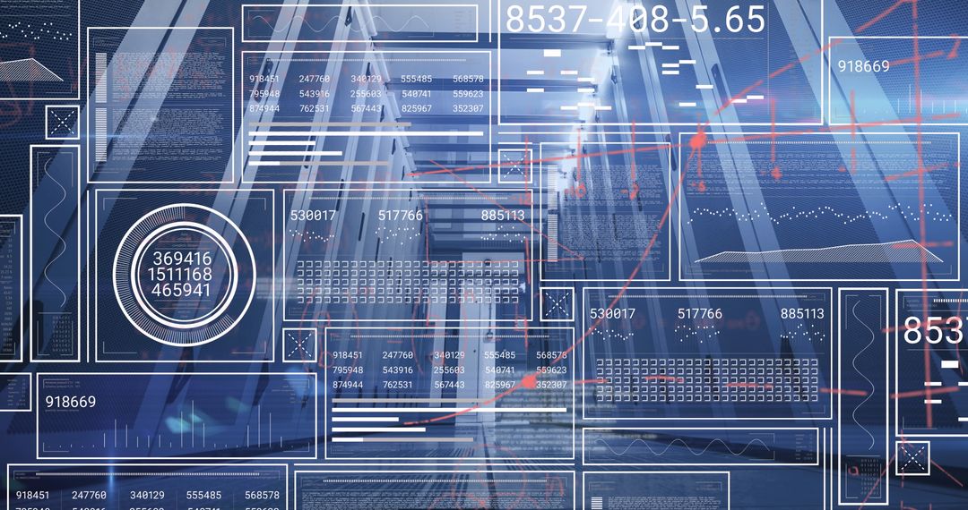 Futuristic Data Analytics Interface Overlayed on Modern Corridor