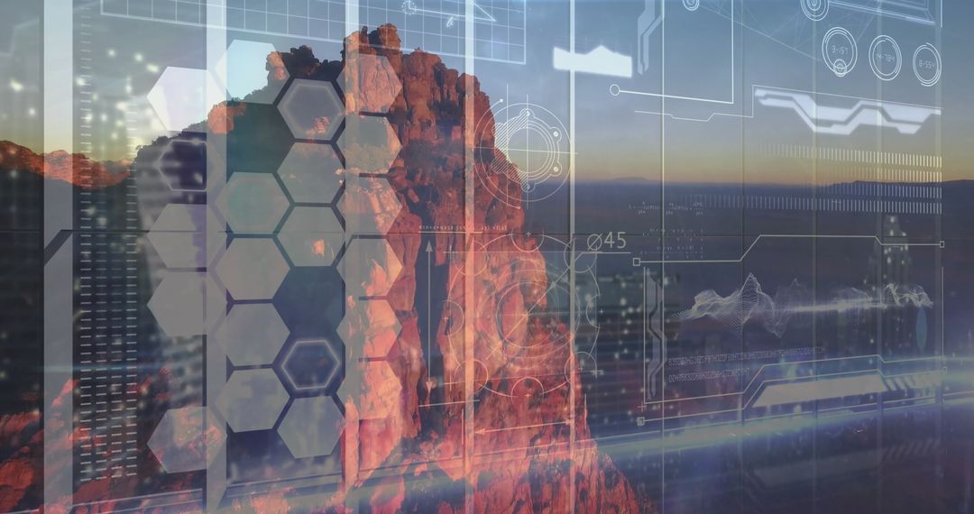 Sunlit Desert Cliff with Futuristic Digital Interface Overlay