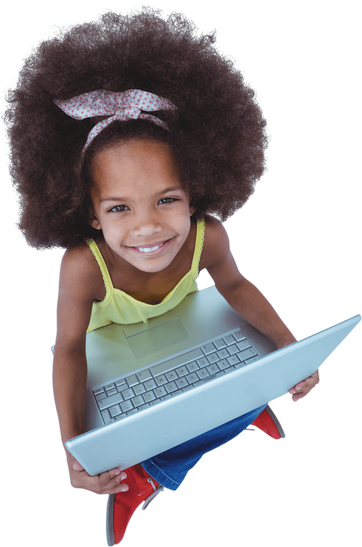 High Angle of Smiling Girl with Transparent Laptop