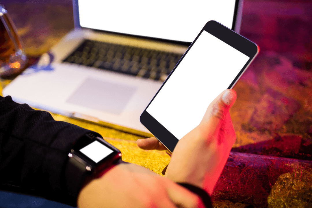 Businessman Using Smartphone and Laptop at Bar With Transparent Backgrounds