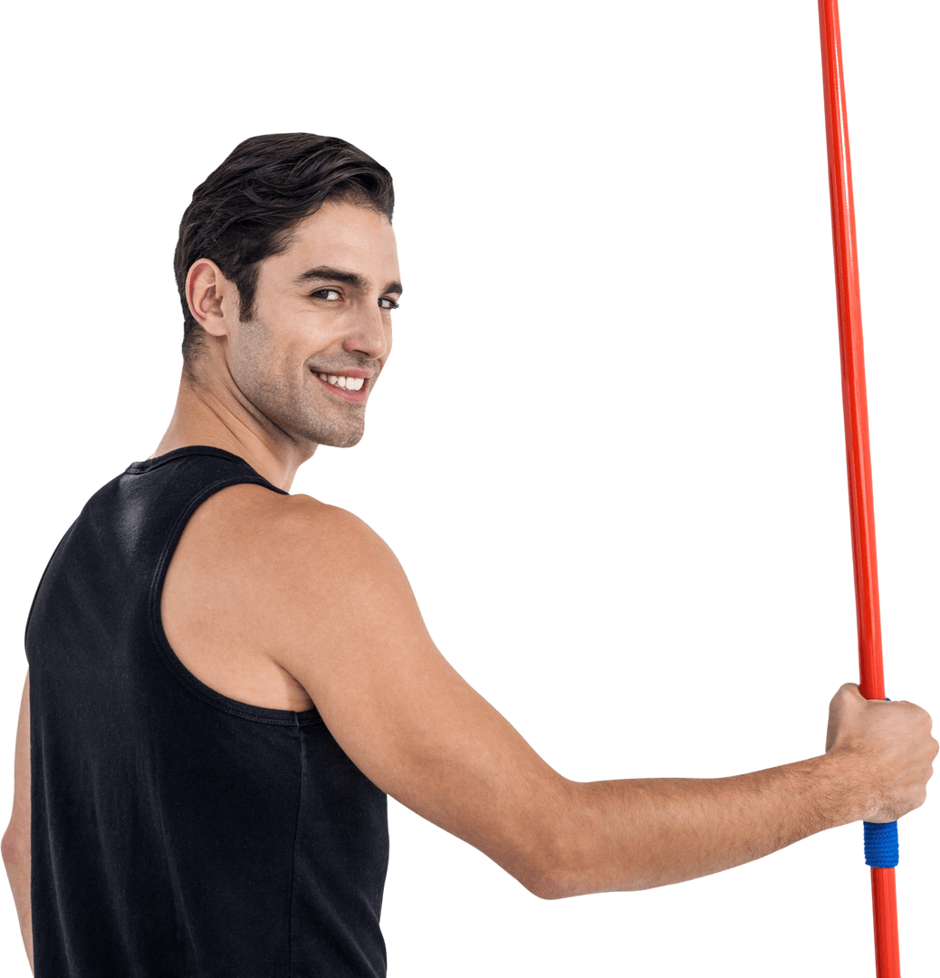 Smiling Athlete Holding Transparent Javelin Outdoors on Clear Day