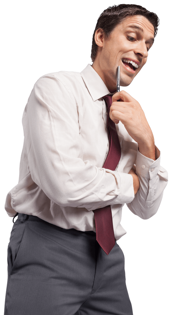 Thoughtful Businessman Holding Pen Against Chin on Transparent Background